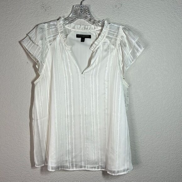 Banana Republic White Stripe‎ Flutter Sleeves Ruffled V Neck Top Women's XS - Picture 1 of 6